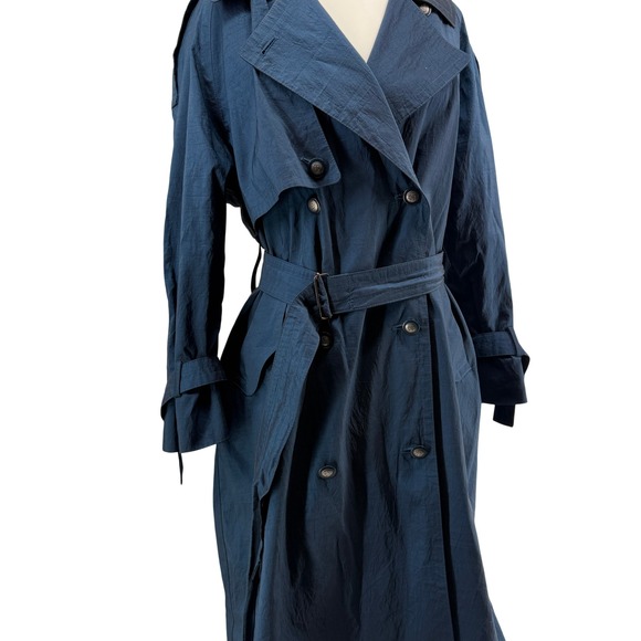 London Fog Blue Trench Coat Women's 8 Petite Double Breasted Belted - Picture 2 of 12
